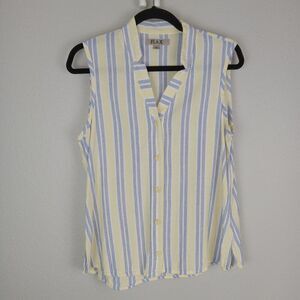 FLAX Linen Striped Sleeveless Button Up Shirt Top Collared Split Neck Yellow S